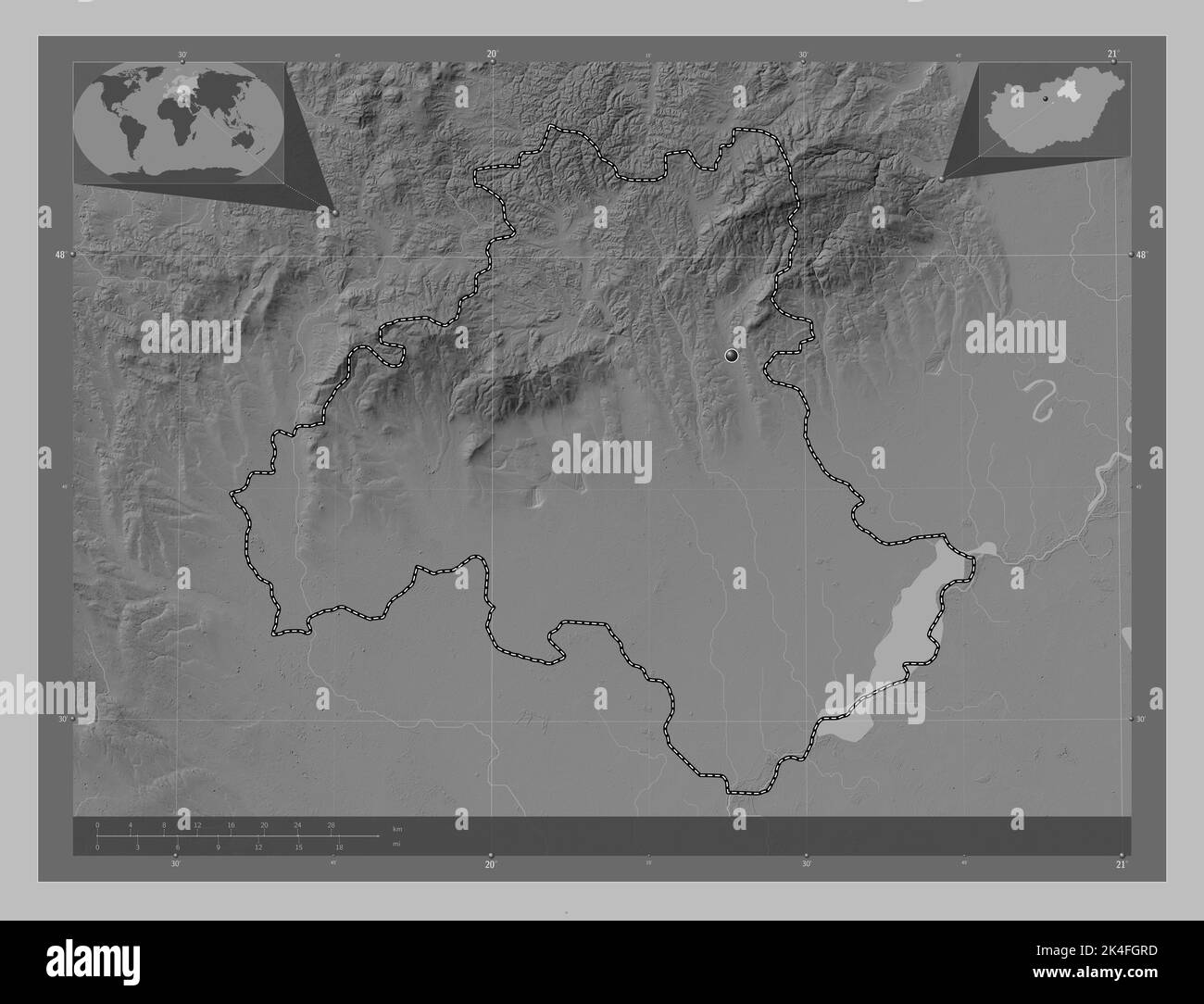 Heves, county of Hungary. Grayscale elevation map with lakes and rivers