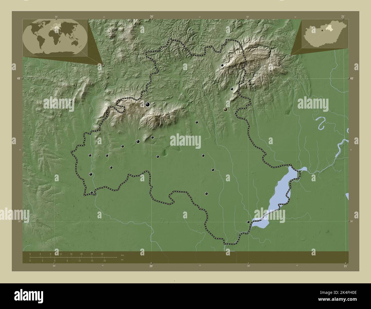 Heves, county of Hungary. Elevation map colored in wiki style with lakes and rivers. Locations