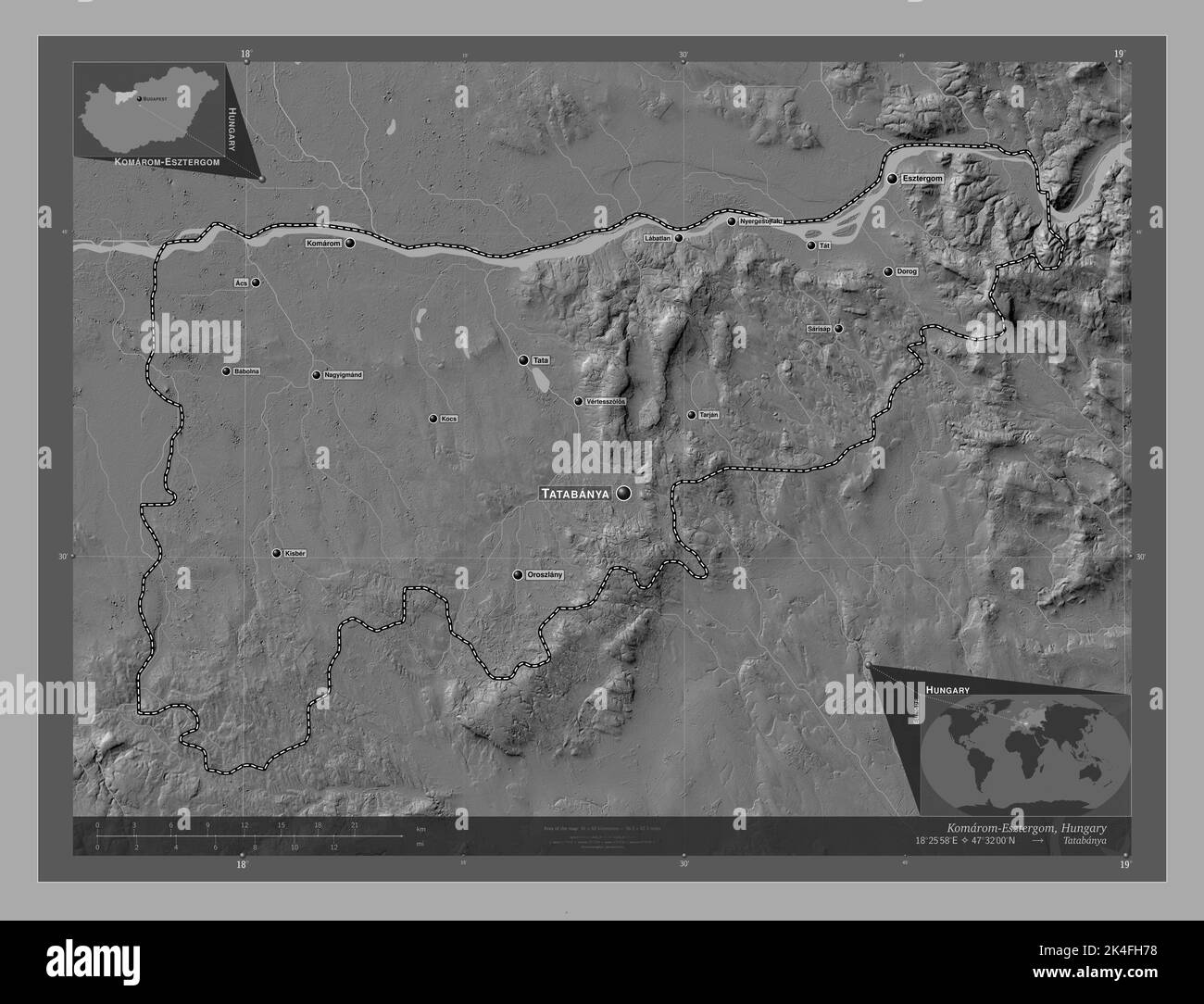 KomaromEsztergom, county of Hungary. Bilevel elevation map with lakes and rivers. Locations and