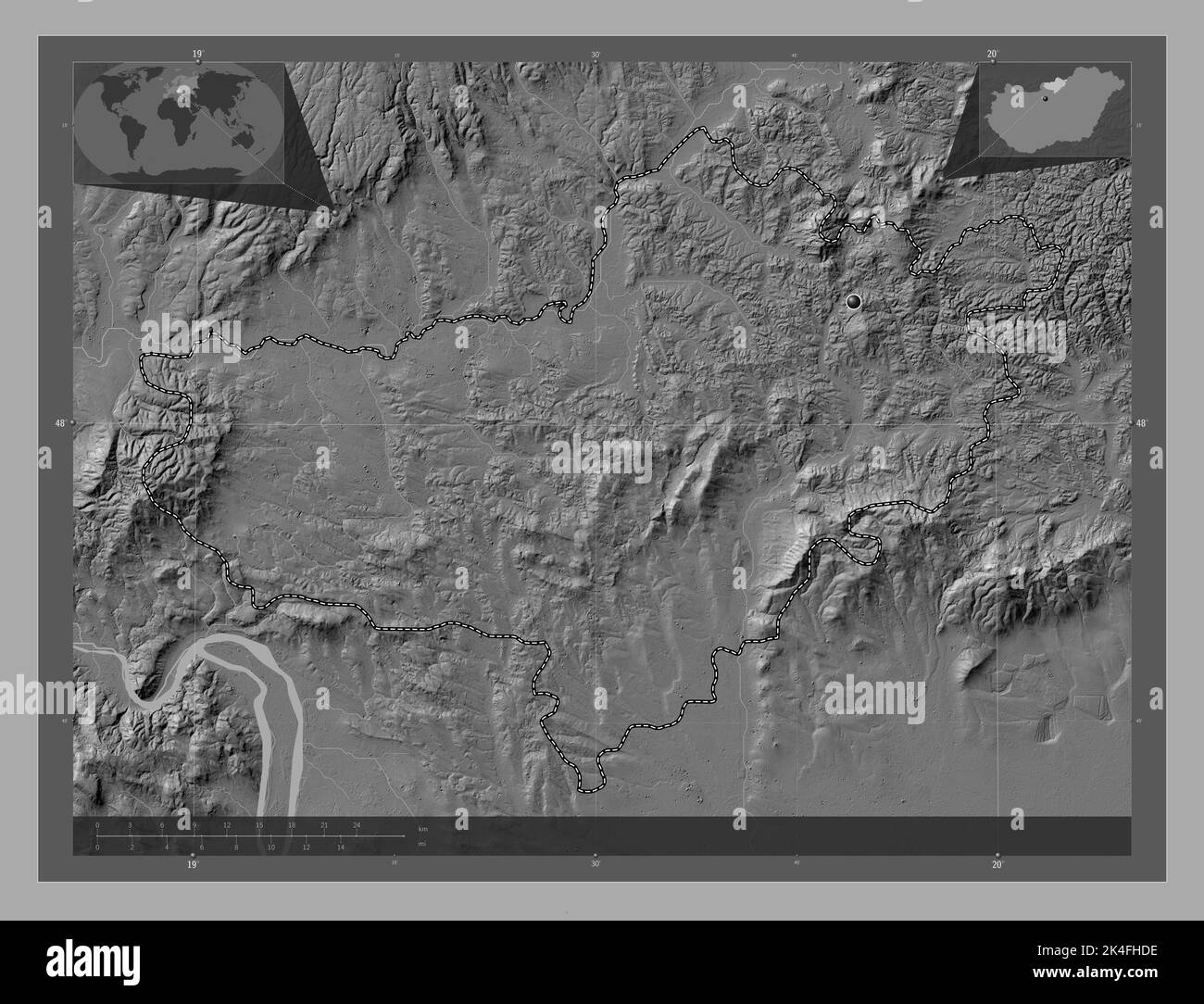 Nograd, county of Hungary. Bilevel elevation map with lakes and rivers
