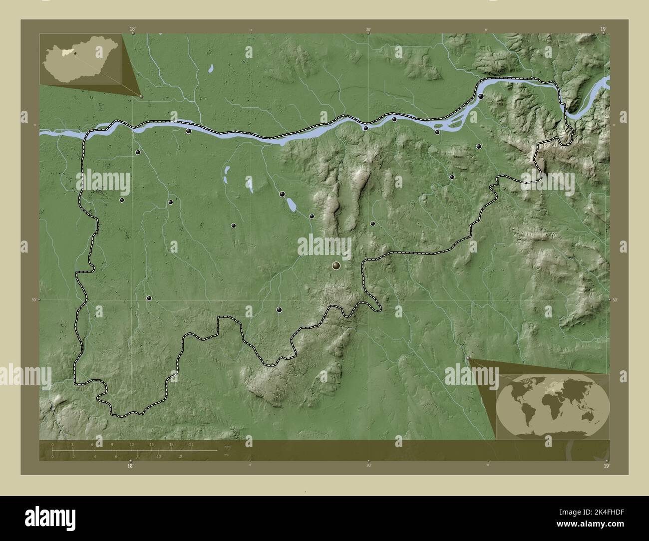 KomaromEsztergom, county of Hungary. Elevation map colored in wiki style with lakes and rivers