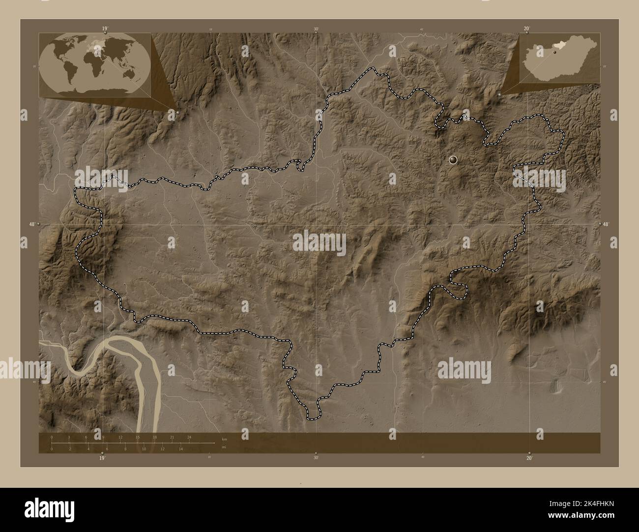 Nograd, county of Hungary. Elevation map colored in sepia tones with
