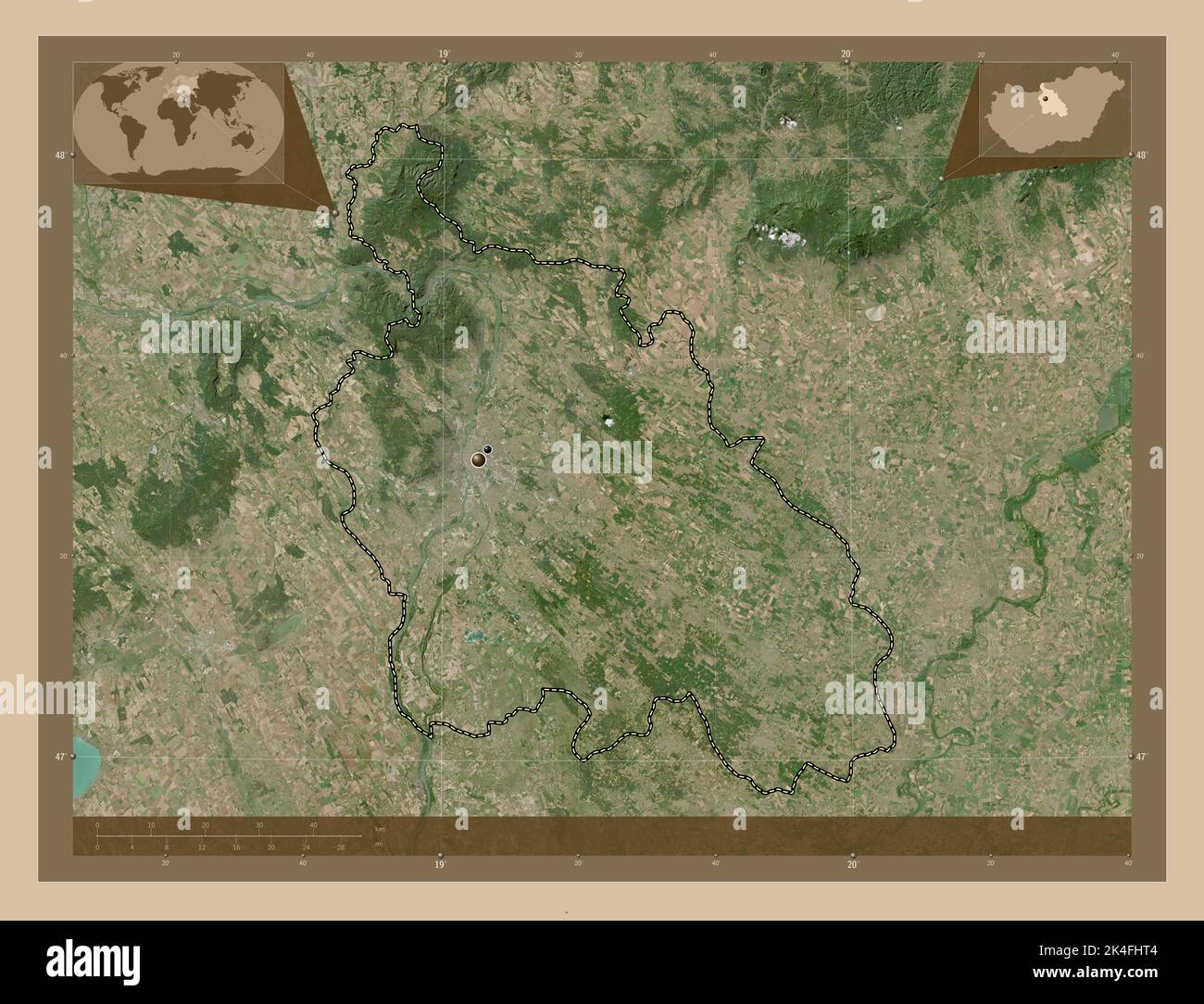 Pest, county of Hungary. Low resolution satellite map. Locations of major cities of the region. Corner auxiliary location maps Stock Photo