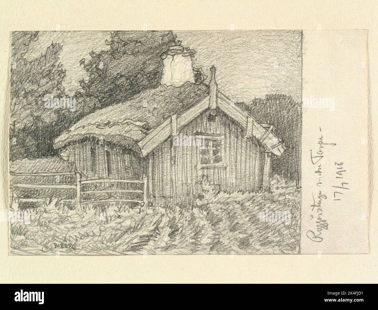 Västergötland, Kinds hd., Länghems sn. 'Backhouse cottage under Torpa'. Drawing by Ferdinand Boberg. Nordic Stock Photo
