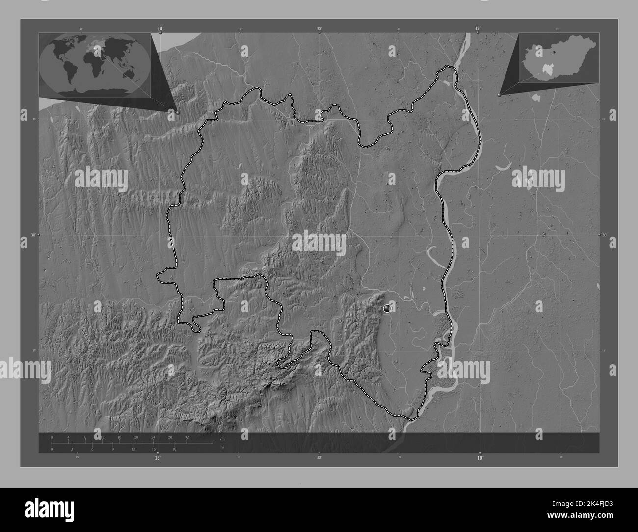 Tolna, county of Hungary. Bilevel elevation map with lakes and rivers