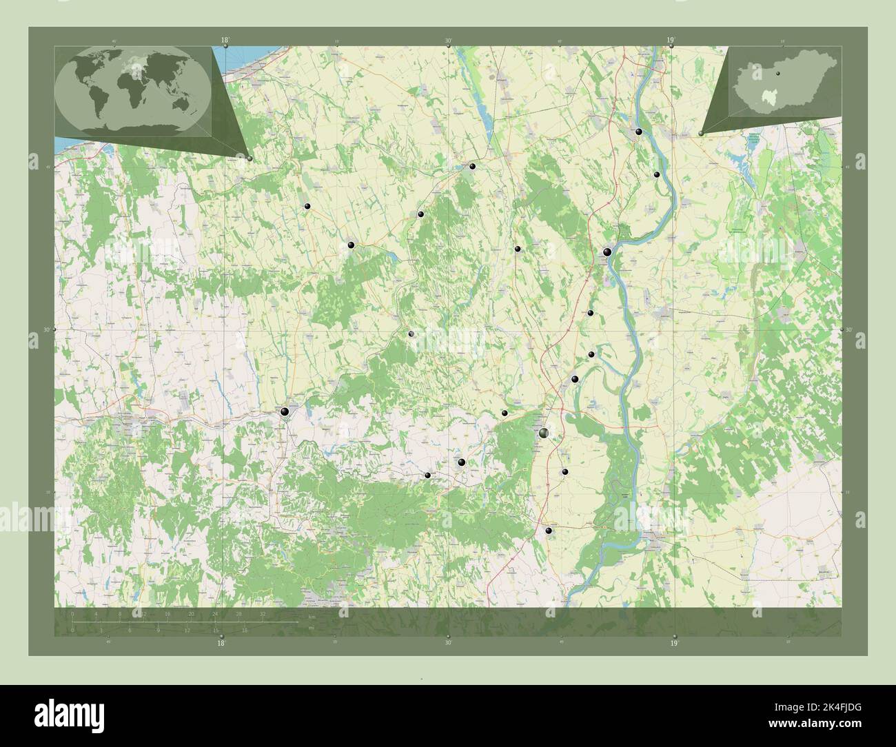Tolna, county of Hungary. Open Street Map. Locations of major cities of
