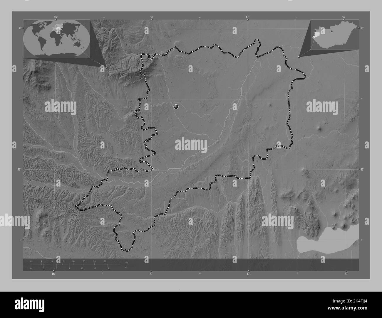 Vas, county of Hungary. Grayscale elevation map with lakes and rivers. Corner auxiliary location