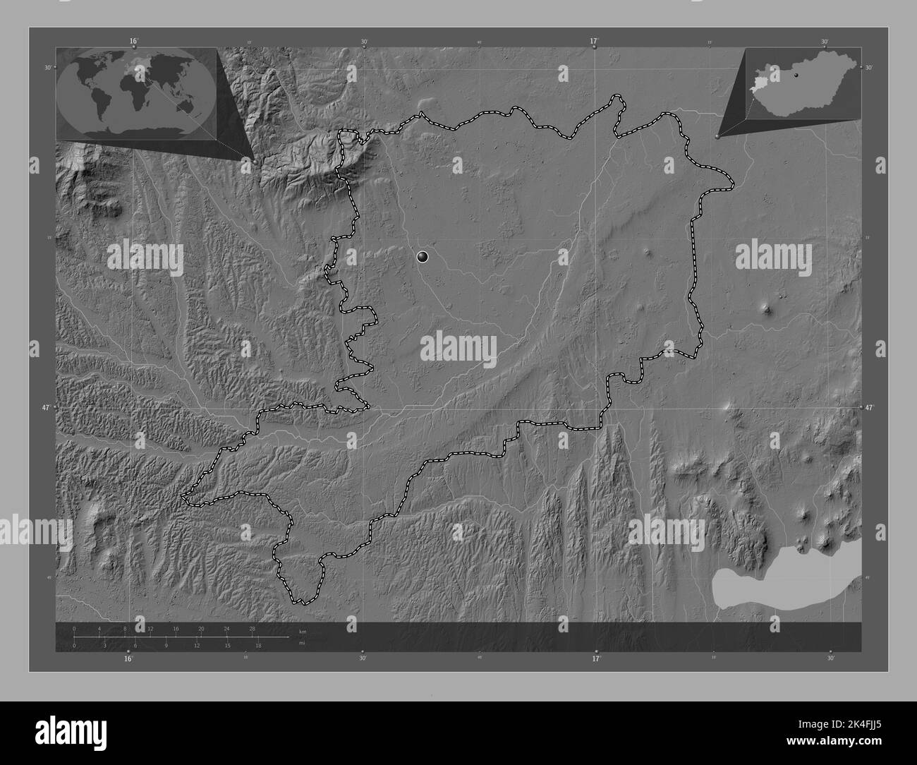 Vas, county of Hungary. Bilevel elevation map with lakes and rivers