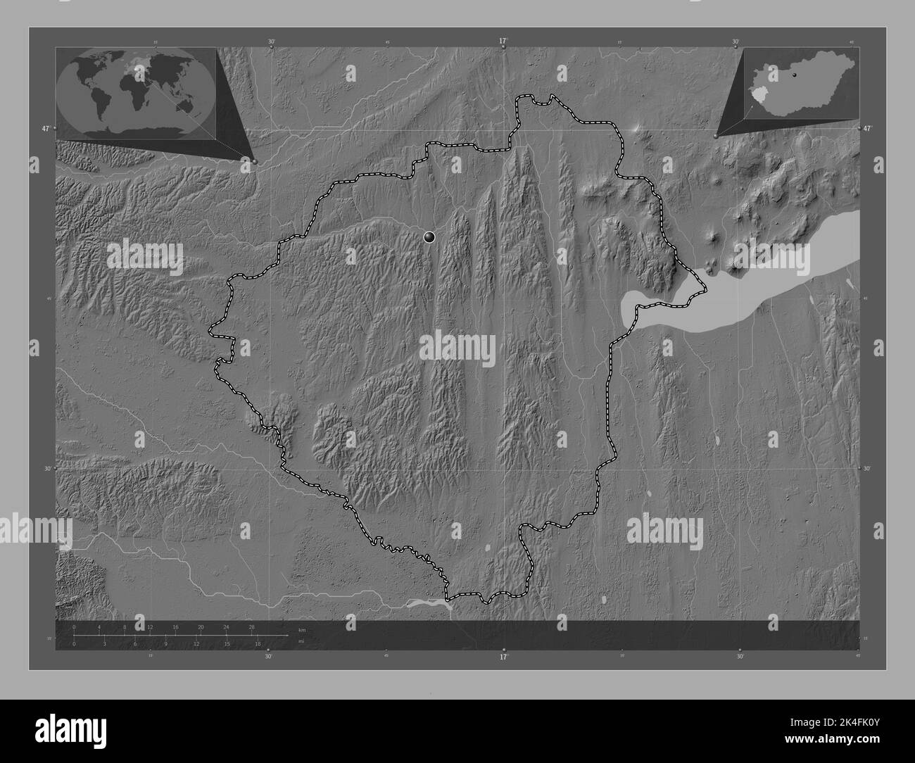 Zala, county of Hungary. Bilevel elevation map with lakes and rivers. Corner auxiliary location