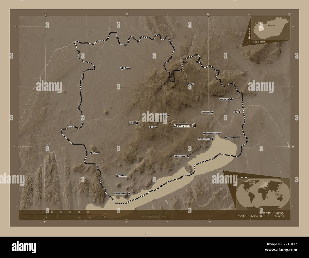 Veszprem, county of Hungary. Elevation map colored in sepia tones with lakes and rivers. Locations and names of major cities of the region. Corner aux Stock Photo