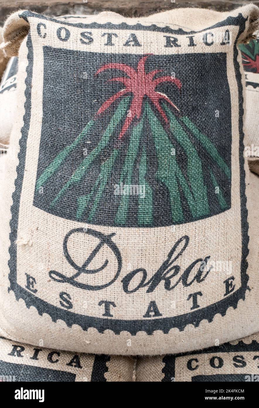 Bag of coffee beans ready for export from the Doka Coffee Estate, Costa