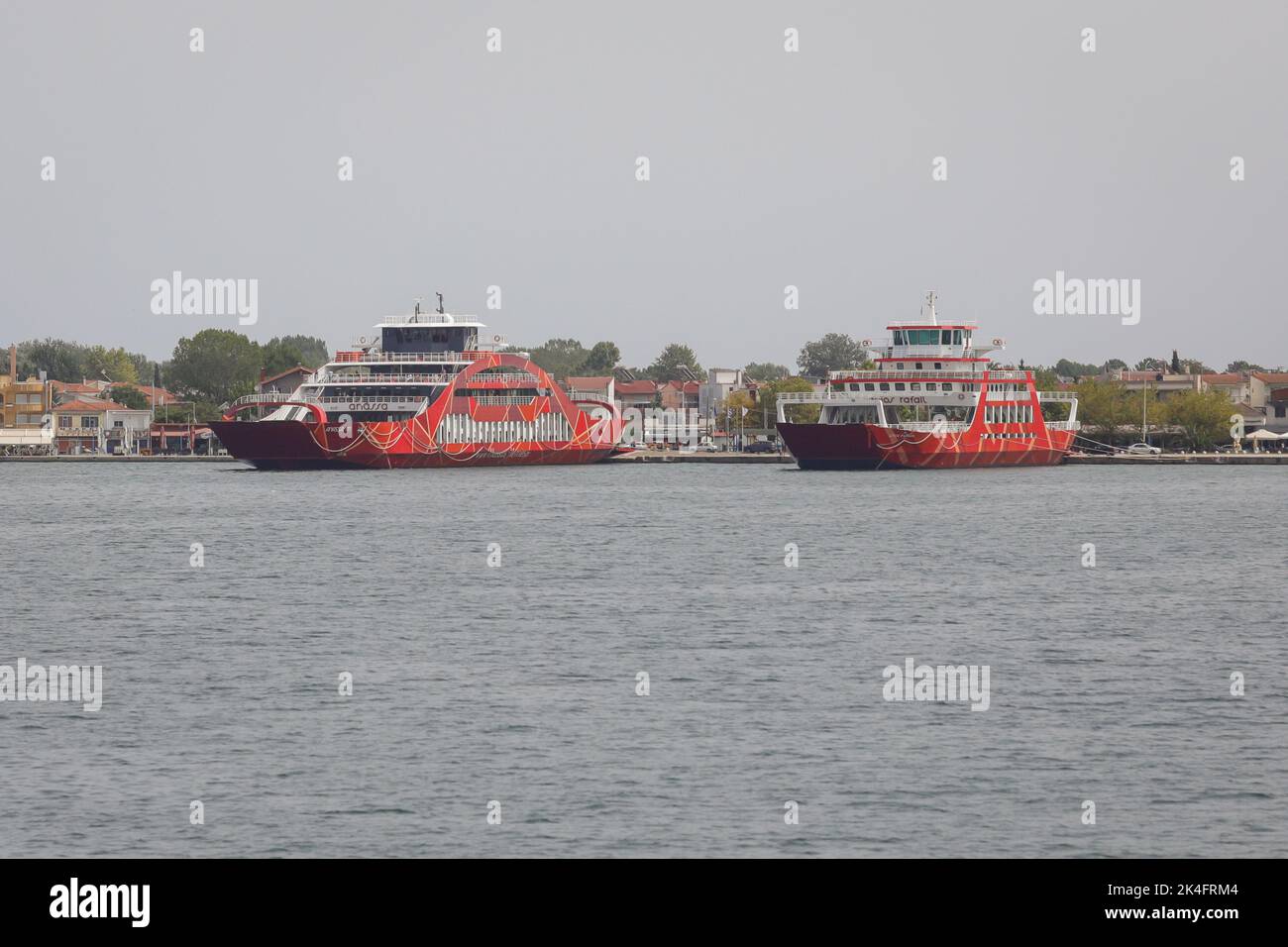 Thassos, Greece - August 25, 2022: Ferryboat taking people and their cars from continental Greece to the island of Thassos in the Thracian Sea. Stock Photo