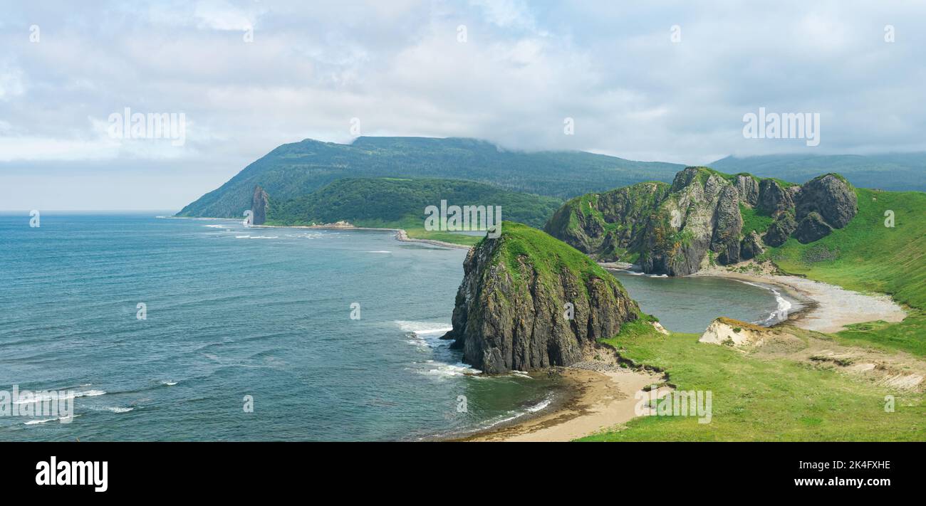 aerial view of the beautiful coastline of Kunashir island with basalt cliffs Stock Photo