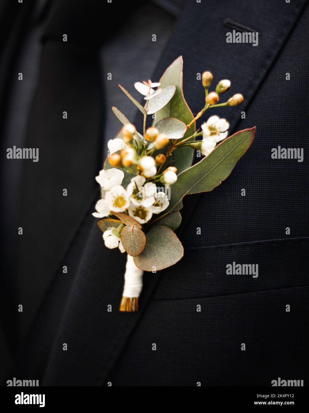 Close-up of a groom wearing a boutonniere in the lapel of a blue suit Stock Photo