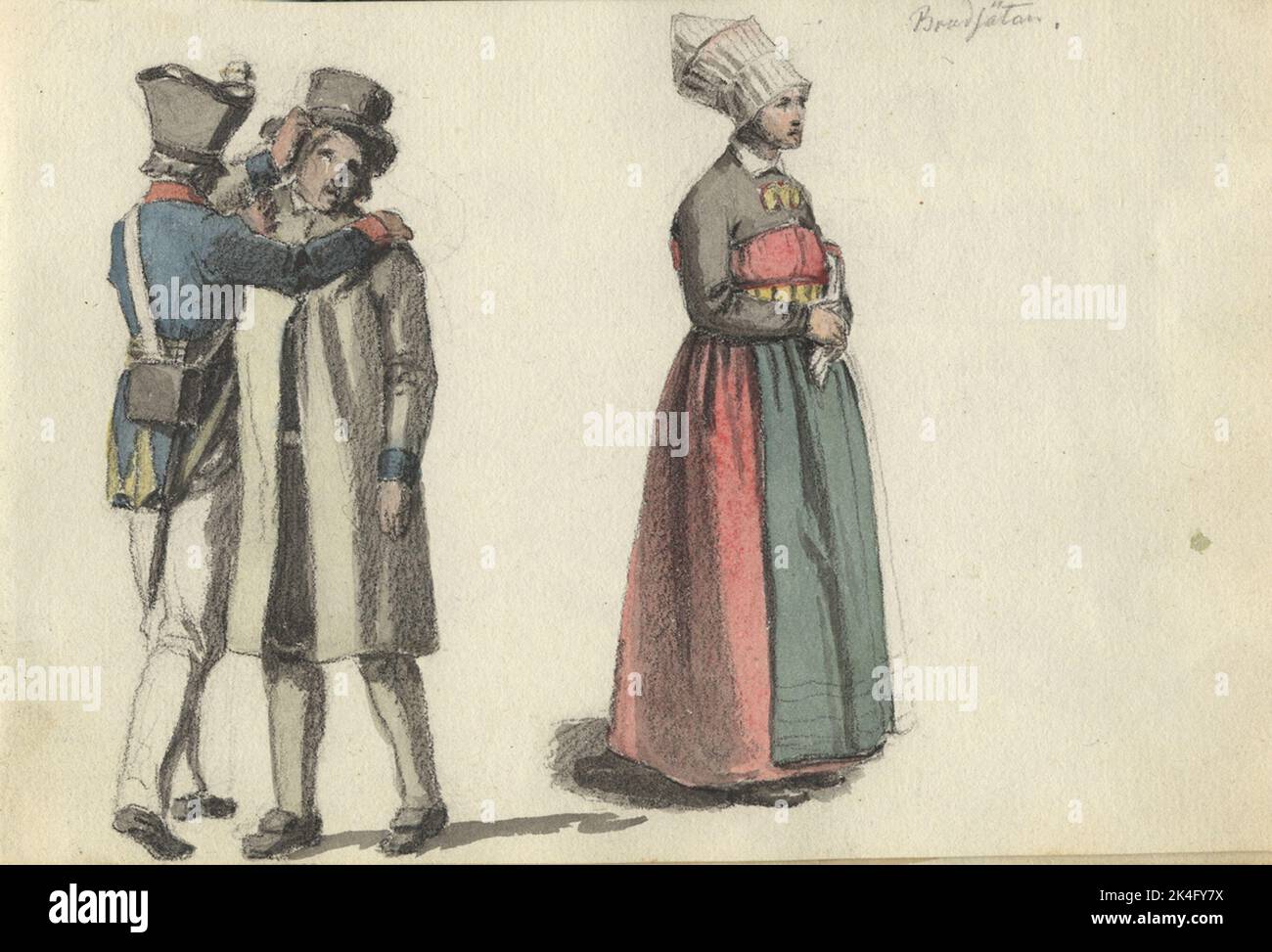 Watercolor. Costume sketch two men and one woman in full figure. Soldier in uniform along the TV with his back to the viewer and hands on another man's shoulders. The man Th is dressed in white costume. Woman t.h in picture sketch from sketchbook from Johan Gustaf Sandberg's archive, Nordic Museum Inv.nr: NM.0080508. Nordic Stock Photo
