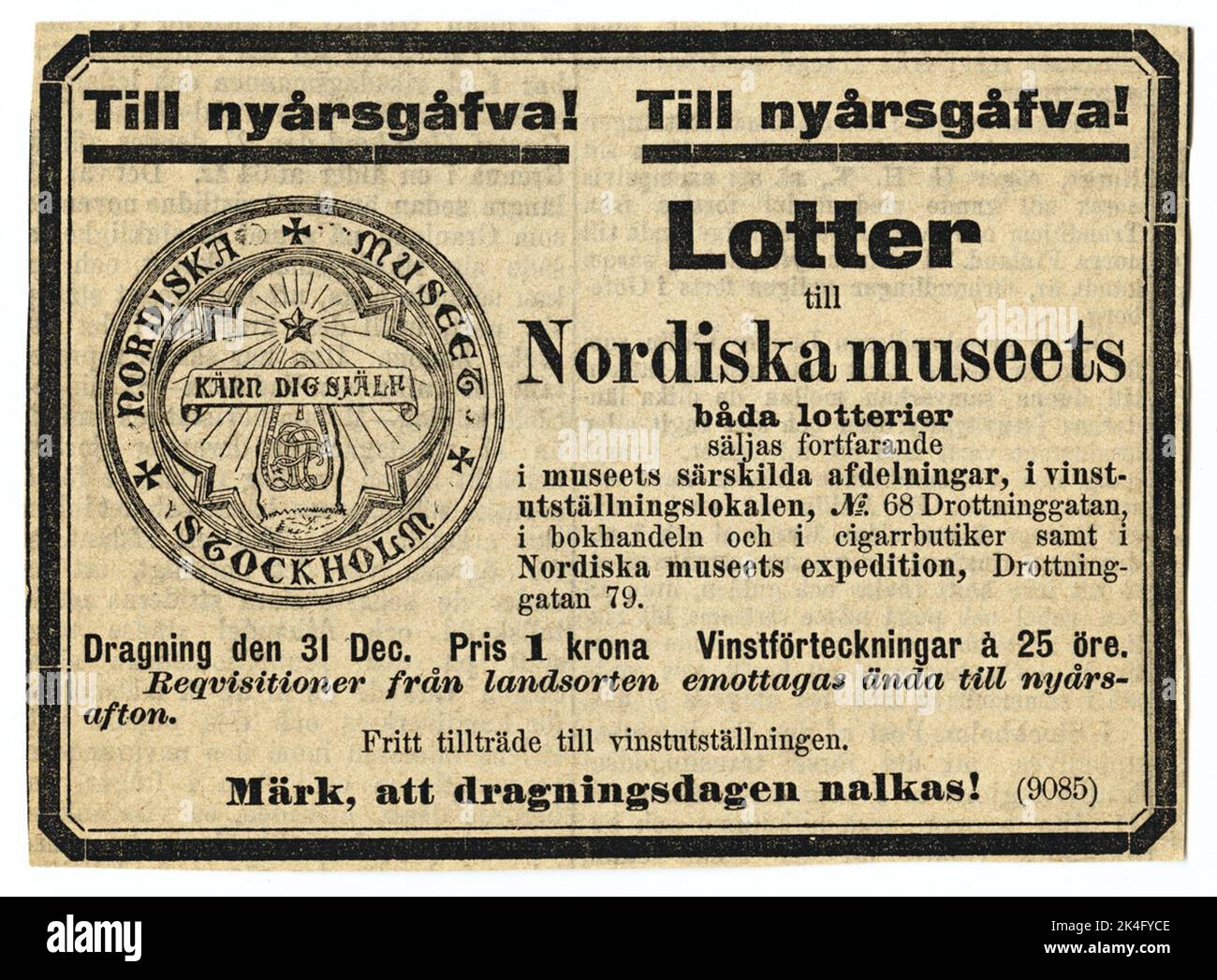 Advertisement for the Nordic Museum's lotteries, 1886. "To New Year's gift! Nordic Stock Photo