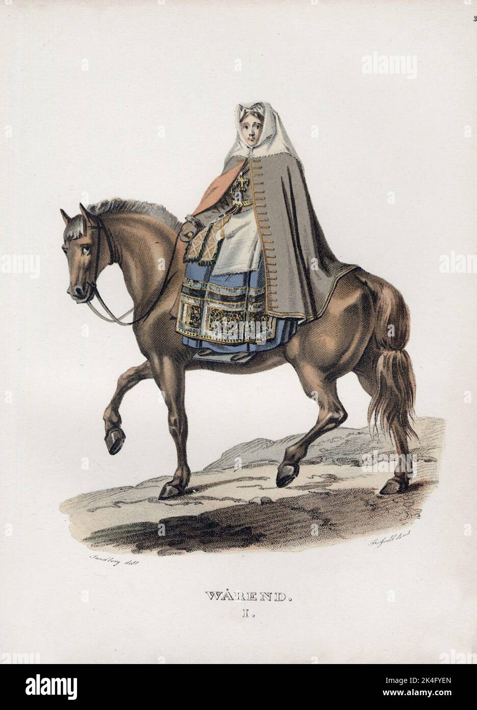 A festive woman from Värend in Småland wearing a foot -side sleeveless coat of old -fashioned cut riding on a horse. Drawing by J. G. Sandberg for the image 'One year in Sweden' (1827). Nordic Stock Photo
