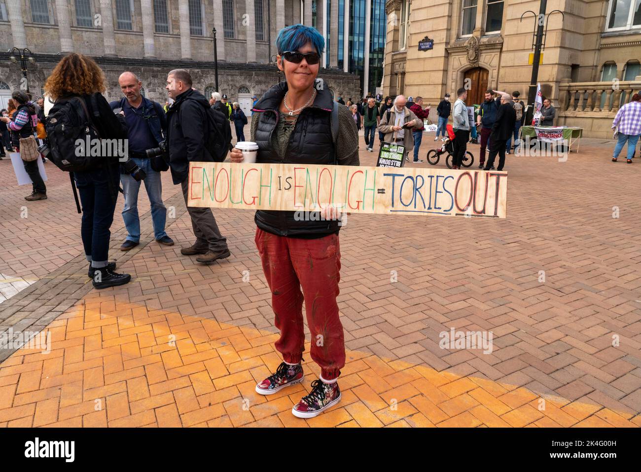 Birmingham, UK. 2nd Oct, 2022. Thousands of people rallied in Victoria Square at a rally organised by The People's Assembly to protest against the new conservative governments new measures, they marched through the city center before rallying outsode the Tory Conference center, the mood was angry and loud. Credit: Natasha Quarmby/Alamy Live News Stock Photo