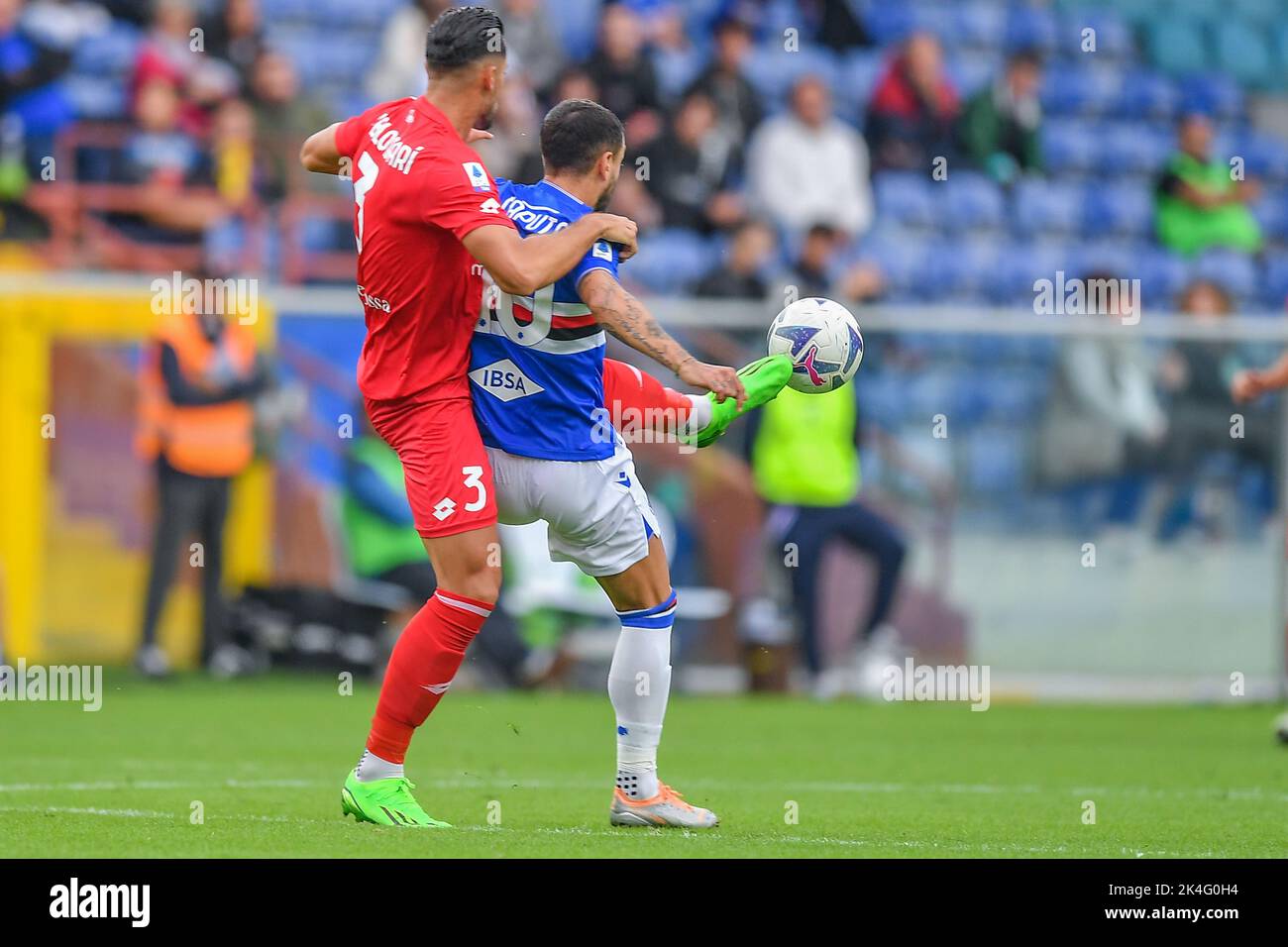 Genoa, Italy. 30 April 2022. Antonio Candreva of UC Sampdoria competes for  the ball with Pablo Galdames of Genoa CFC during the Serie A football match  between UC Sampdoria and Genoa CFC.