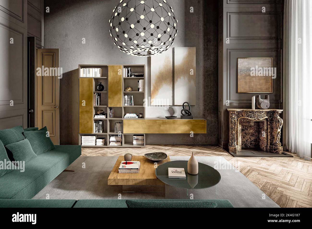 Modern shelving unit with books in modern living room interior Stock