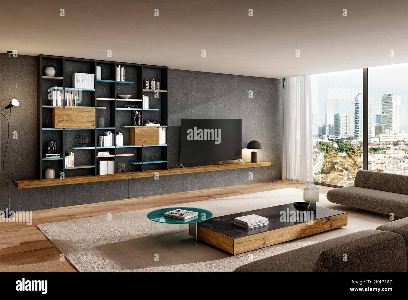 Modern shelving unit with books in modern living room interior Stock