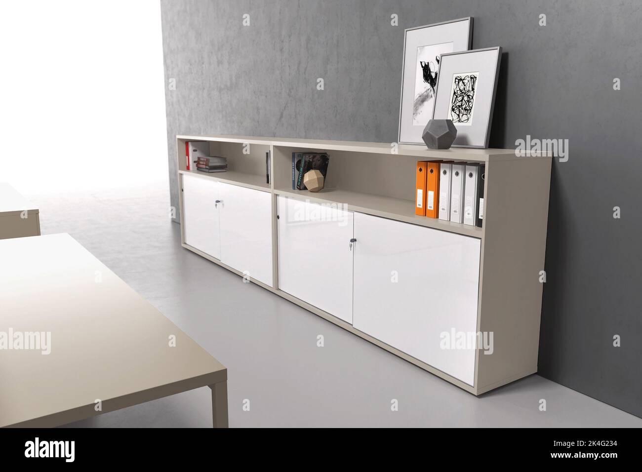 View of Modern office interior in minimalistic style with wooden storage Stock ...