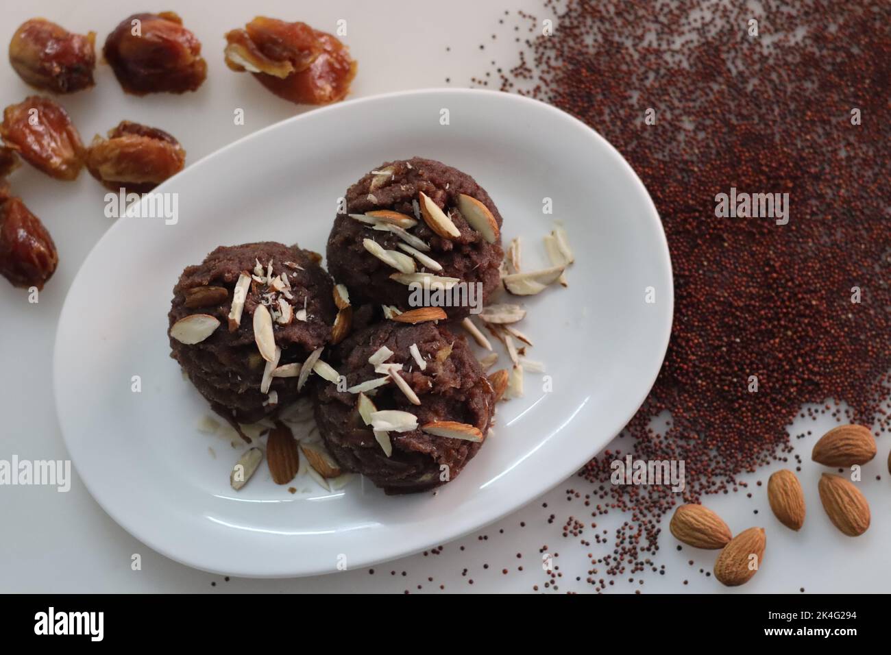 Ragi dates Sheera. Indian pudding made of finger millet flour ghee