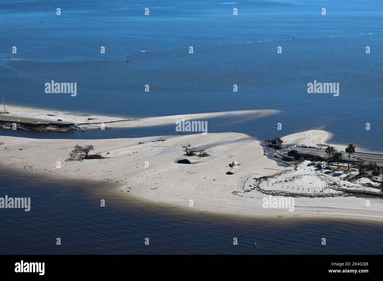 Sanibel Island, United States. 01st Oct, 2022. Aerial views of the damaged Sanibel Causeway destroyed by the massive Category 4 Hurricane Ian, that pounded the west coast of Florida, October 1, 2022 in Sanibel Island, Florida. Credit: PO3 Riley Perkofski/US Coast Guard/Alamy Live News Stock Photo