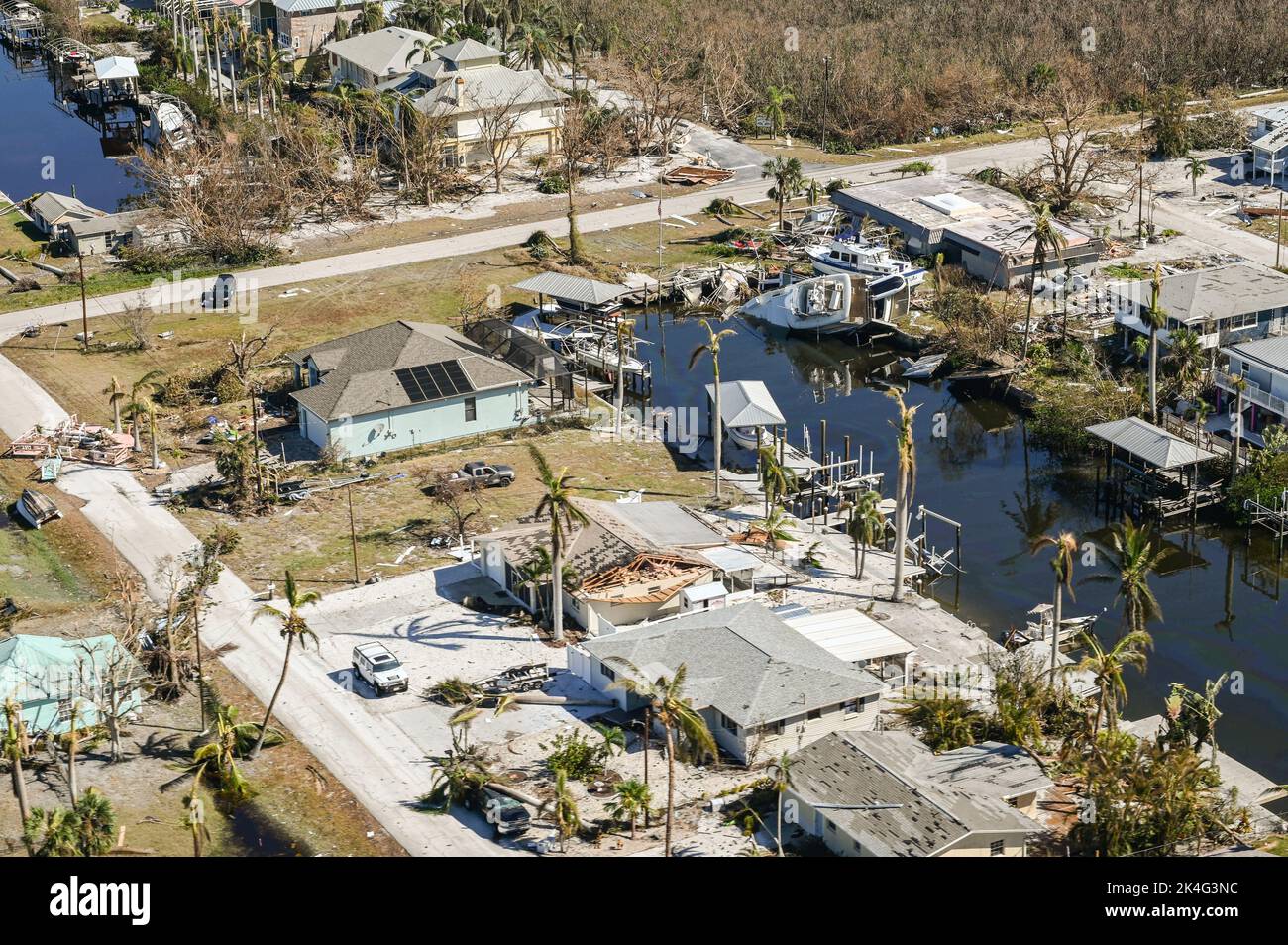 Sanibel Island, United States. 01st Oct, 2022. Aerial views of the damaged homes destroyed by the massive Category 4 Hurricane Ian, that pounded the west coast of Florida, October 1, 2022 in Sanibel Island, Florida. Credit: PO3 Riley Perkofski/US Coast Guard/Alamy Live News Stock Photo