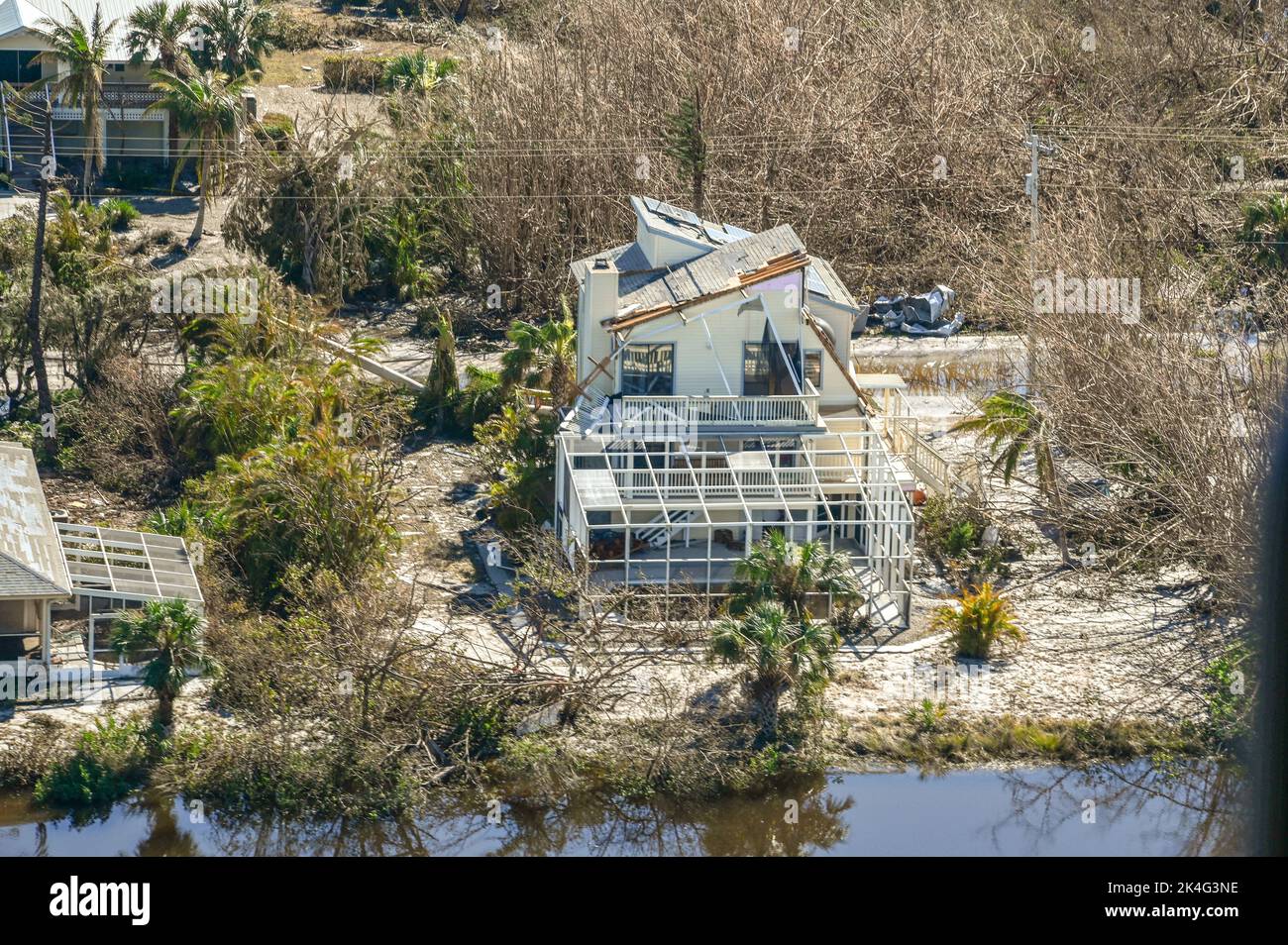 Fort Myers Beach, United States. 01st Oct, 2022. Aerial views of the damaged homes destroyed by the massive Category 4 Hurricane Ian, that pounded the west coast of Florida, October 1, 2022 in Fort Myers Beach, Florida. Credit: PO3 Riley Perkofski/US Coast Guard/Alamy Live News Stock Photo