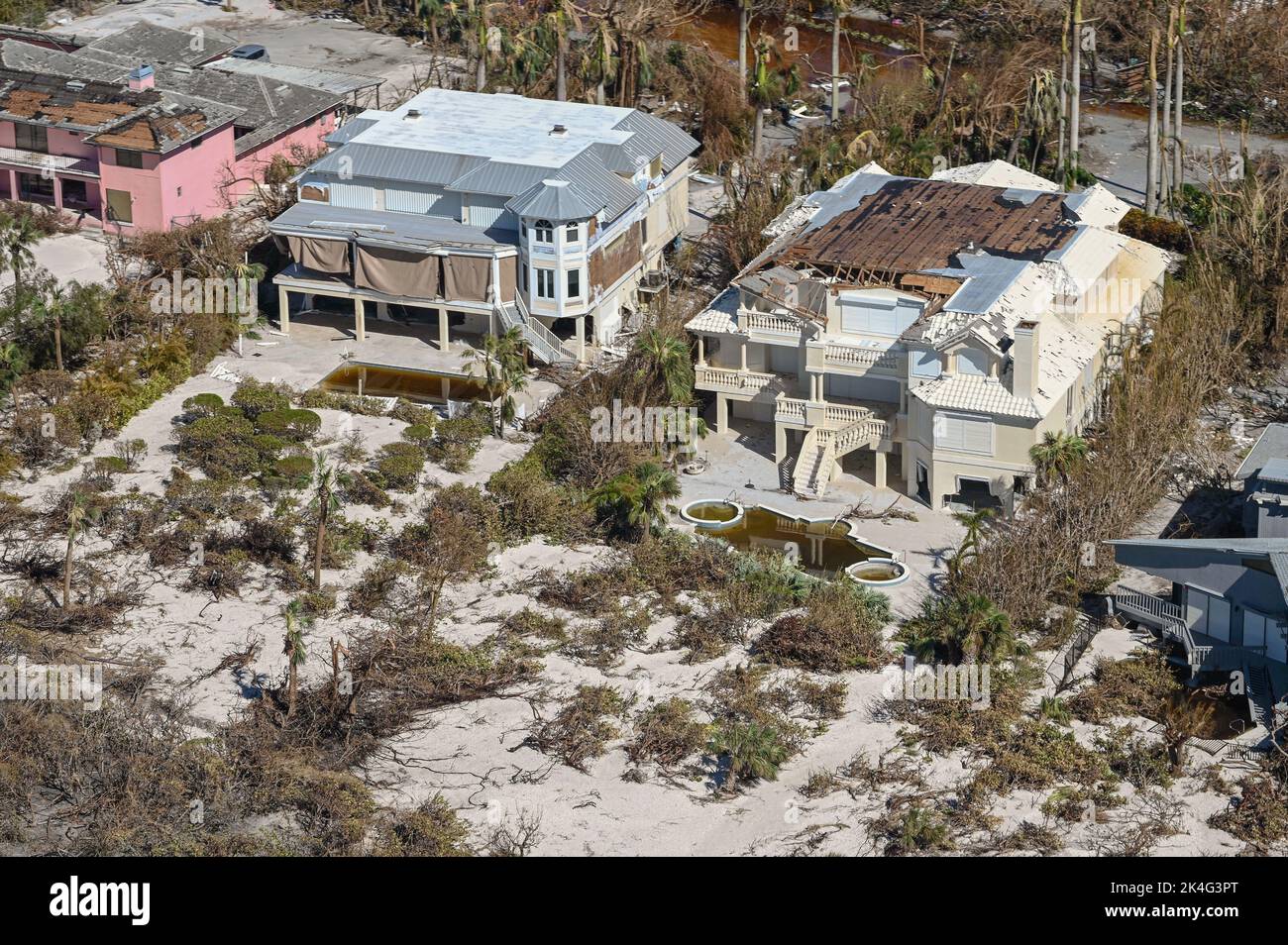 Sanibel Island, United States. 01st Oct, 2022. Aerial views of the damaged homes destroyed by the massive Category 4 Hurricane Ian, that pounded the west coast of Florida, October 1, 2022 in Sanibel Island, Florida. Credit: PO3 Riley Perkofski/US Coast Guard/Alamy Live News Stock Photo