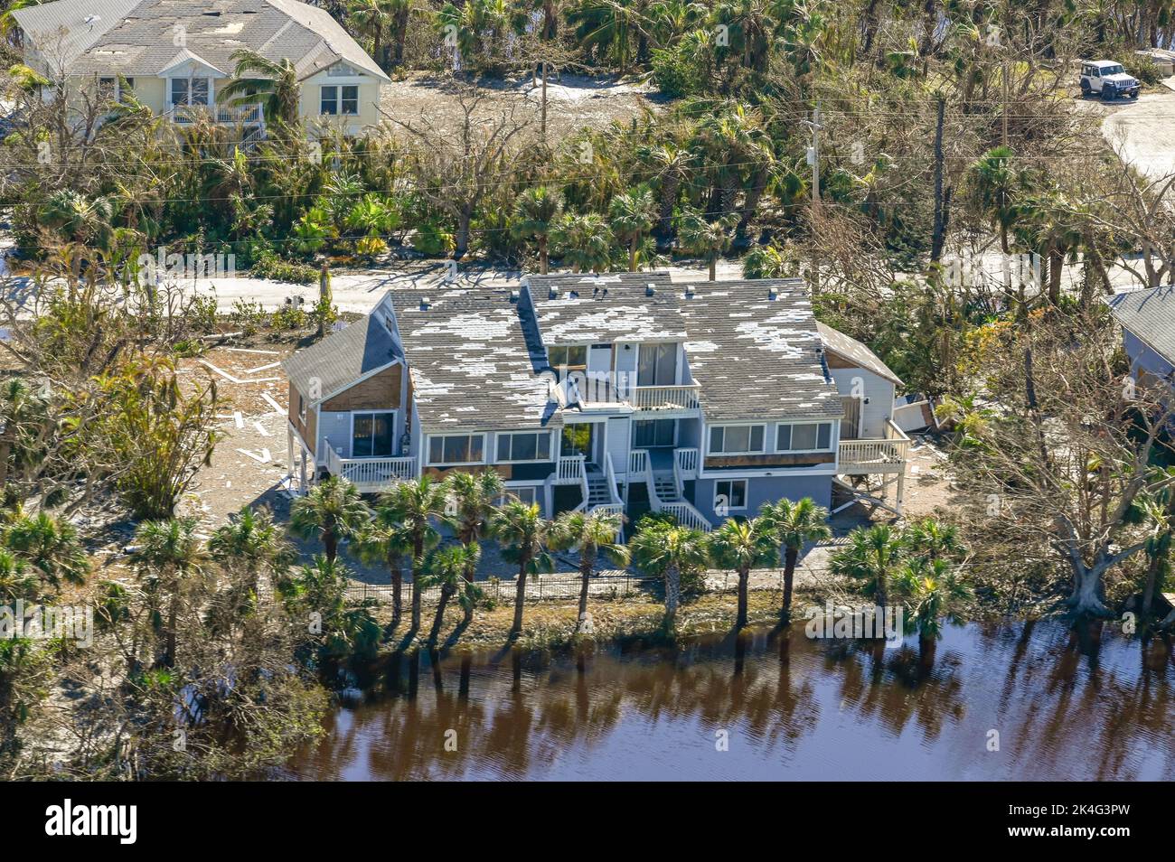 Fort Myers Beach, United States. 01st Oct, 2022. Aerial views of the damaged homes destroyed by the massive Category 4 Hurricane Ian, that pounded the west coast of Florida, October 1, 2022 in Fort Myers Beach, Florida. Credit: PO3 Riley Perkofski/US Coast Guard/Alamy Live News Stock Photo