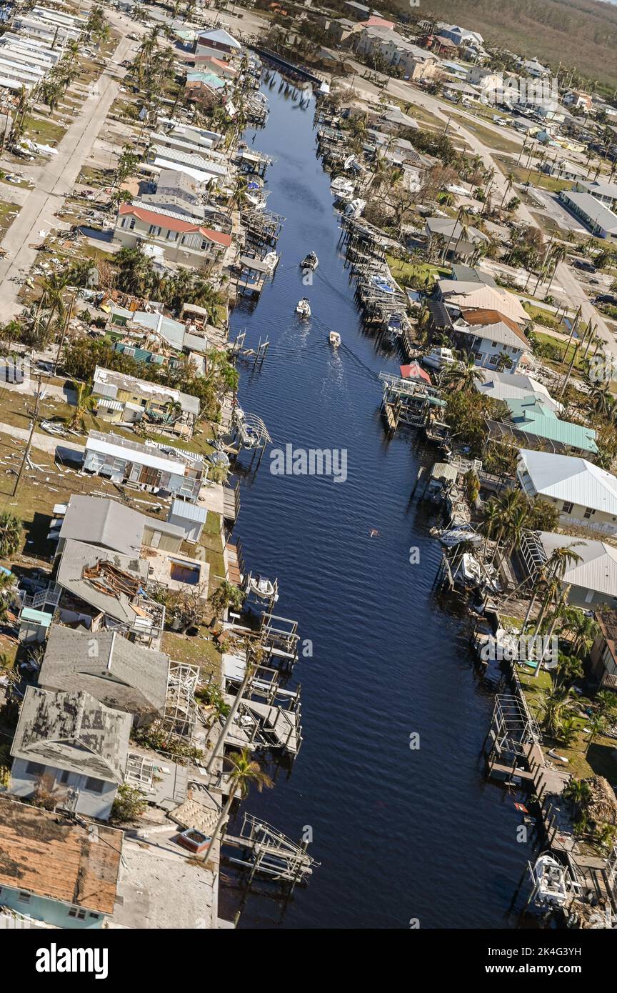 Sanibel Island, United States. 01st Oct, 2022. Aerial views of the damaged homes destroyed by the massive Category 4 Hurricane Ian, that pounded the west coast of Florida, October 1, 2022 in Sanibel Island, Florida. Credit: PO3 Riley Perkofski/US Coast Guard/Alamy Live News Stock Photo