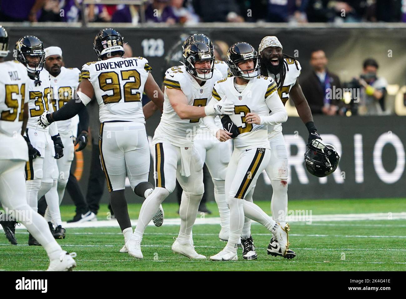 New Orleans Saints' Will Lutz reacts with team-mates during the NFL International match at Tottenham Hotspur Stadium, London. Picture date: Sunday October 2, 2022. Stock Photo