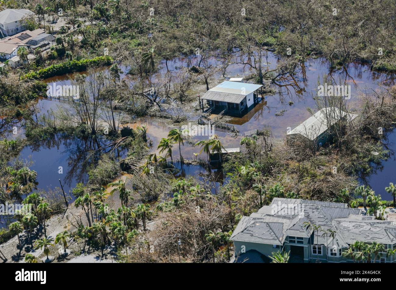 Pine Island, United States. 01st Oct, 2022. Aerial views of the damaged homes destroyed by the massive Category 4 Hurricane Ian, that pounded the west coast of Florida, October 1, 2022 in Pine Island, Florida. Credit: PO3 Riley Perkofski/US Coast Guard/Alamy Live News Stock Photo