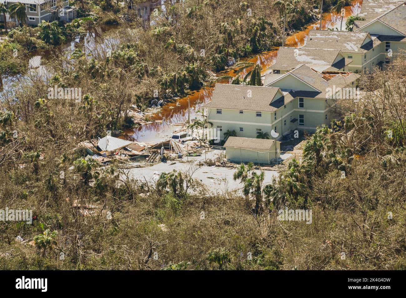Fort Myers Beach, United States. 01st Oct, 2022. Aerial views of the damaged homes destroyed by the massive Category 4 Hurricane Ian, that pounded the west coast of Florida, October 1, 2022 in Fort Myers Beach, Florida. Credit: PO3 Riley Perkofski/US Coast Guard/Alamy Live News Stock Photo