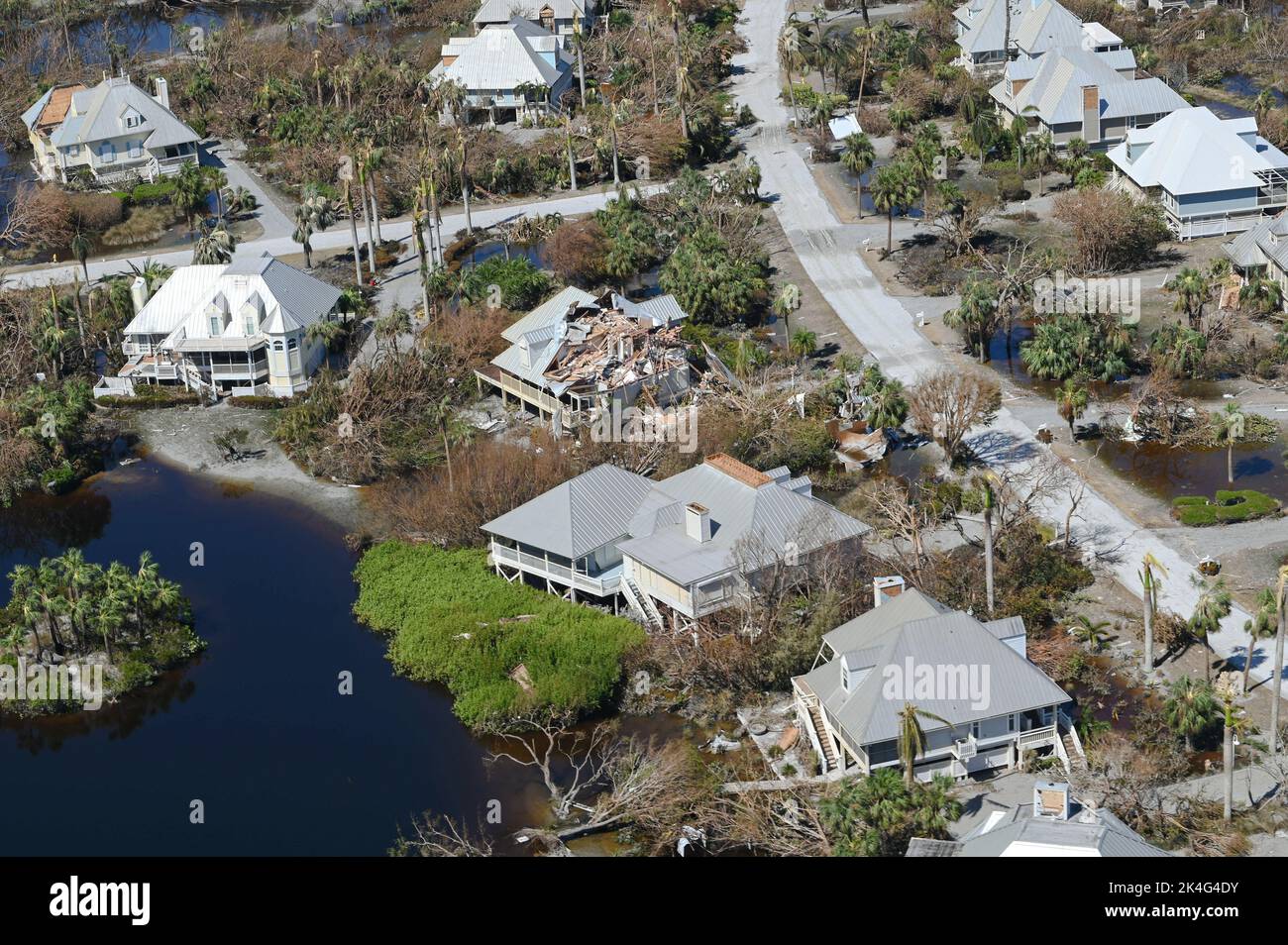 Fort Myers Beach, United States. 01st Oct, 2022. Aerial views of the damaged homes destroyed by the massive Category 4 Hurricane Ian, that pounded the west coast of Florida, October 1, 2022 in Fort Myers Beach, Florida. Credit: PO3 Riley Perkofski/US Coast Guard/Alamy Live News Stock Photo