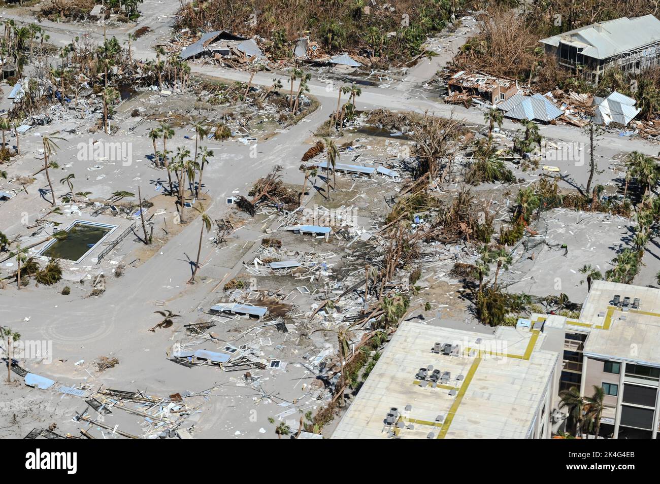 Fort Myers Beach, United States. 01st Oct, 2022. Aerial views of the damaged homes destroyed by the massive Category 4 Hurricane Ian, that pounded the west coast of Florida, October 1, 2022 in Fort Myers Beach, Florida. Credit: PO3 Riley Perkofski/US Coast Guard/Alamy Live News Stock Photo