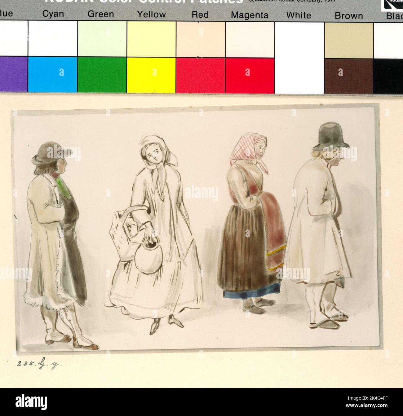 Folk costumes (generally). Colored drawing by Fritz von Dardel (1817-1901). 'Study by Allmoge, partly from Dalarna'. Nordic Stock Photo