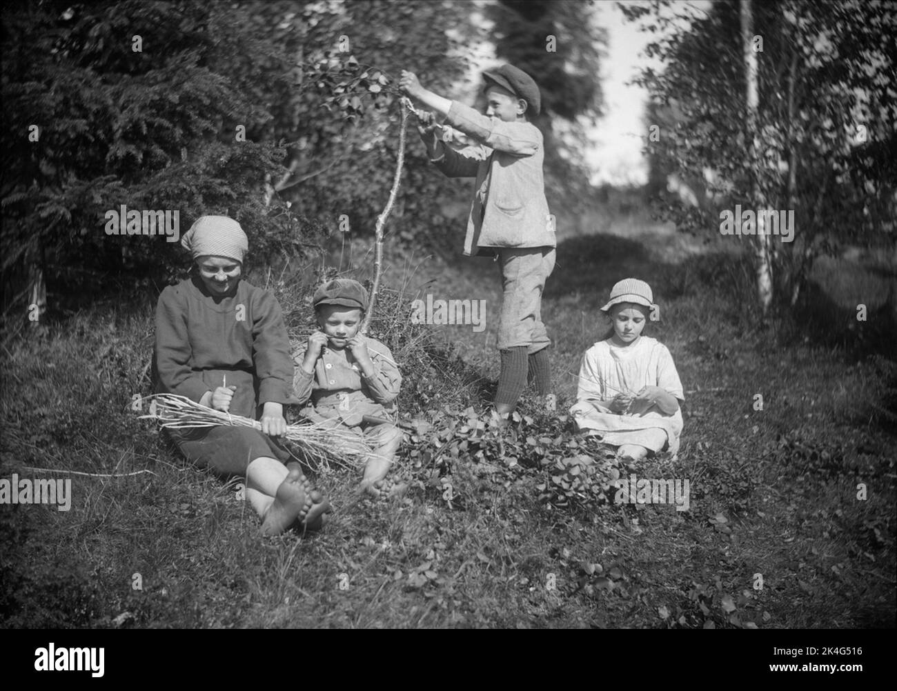 Children make whisk. From the left 1) the whisk is tied, 2) a whisk branch is peeled with the