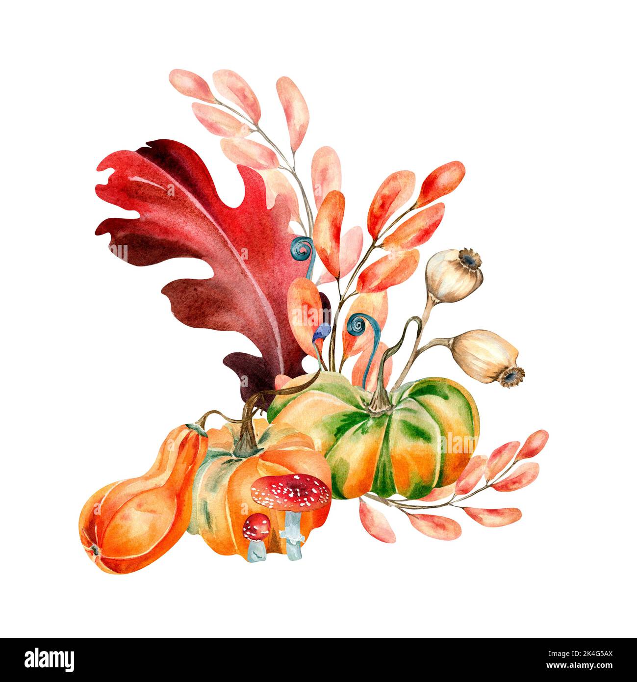 Bright fall composition with colorful plants watercolor illustration ...