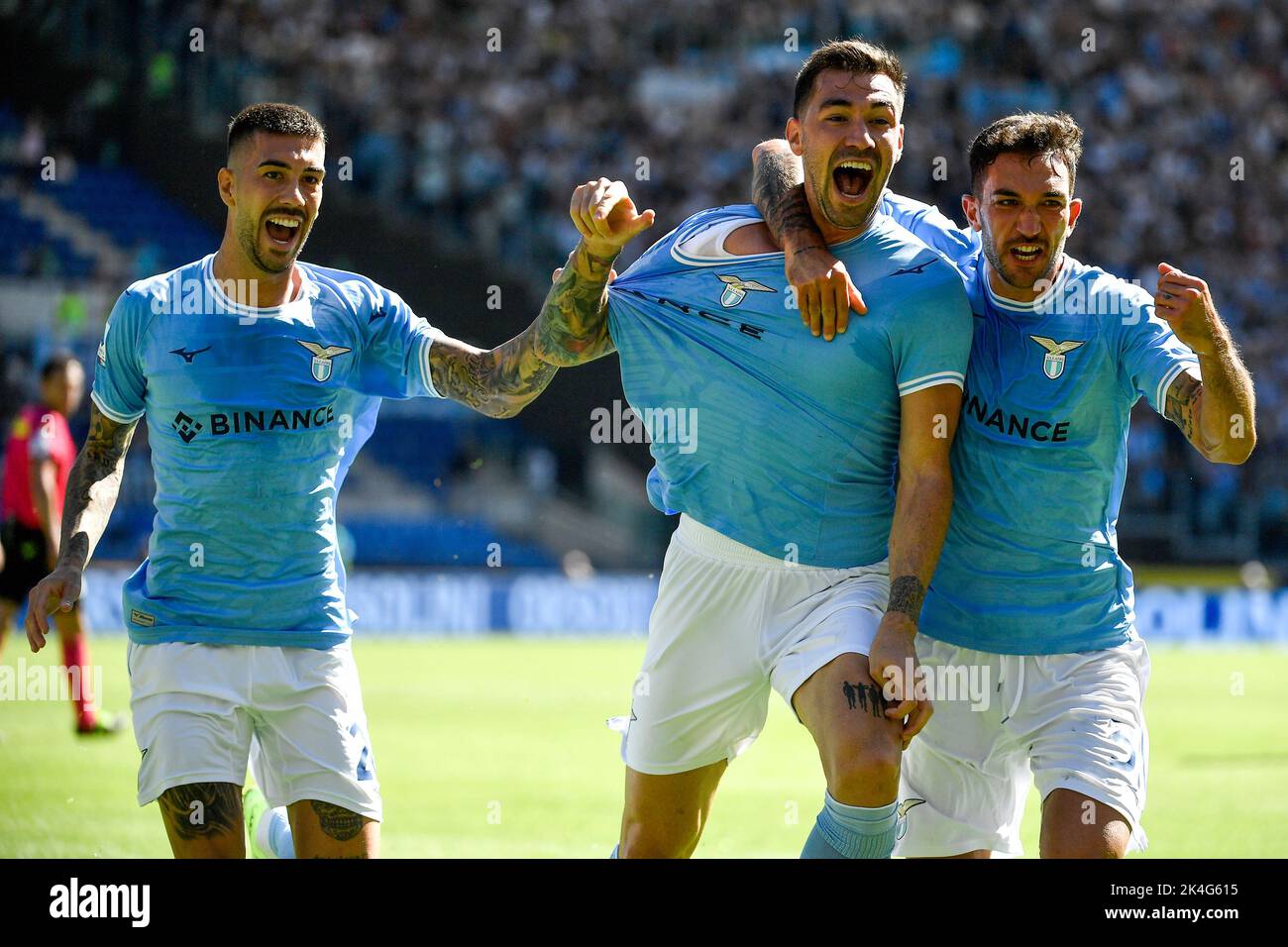 Roma, Italy. 02nd Oct, 2022. Alessio Romagnoli of SS Lazio (c) celebrates with Mattia Zaccagni and Danilo Cataldi after scoring the goal of 2-0 during the Serie A football match between SS Lazio and Spezia Calcio at Olimpico stadium in Rome (Italy), October 2nd, 2022. Photo Andrea Staccioli/Insidefoto Credit: Insidefoto di andrea staccioli/Alamy Live News Stock Photo