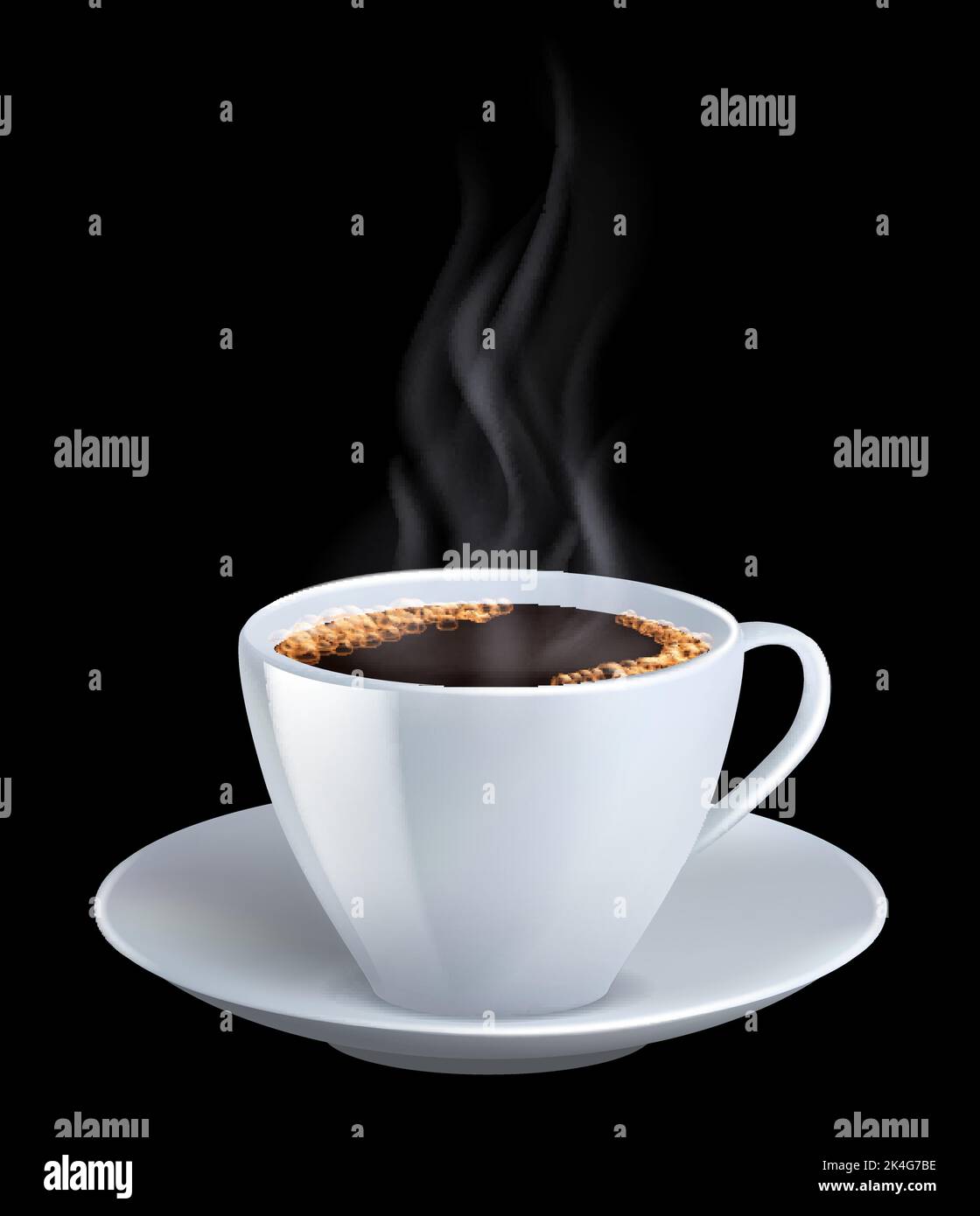 Coffee cup 3d isolated with hot white smoke front view object, espresso ceramic mug on black background. Illustration of morning aroma capuccino and e Stock Vector