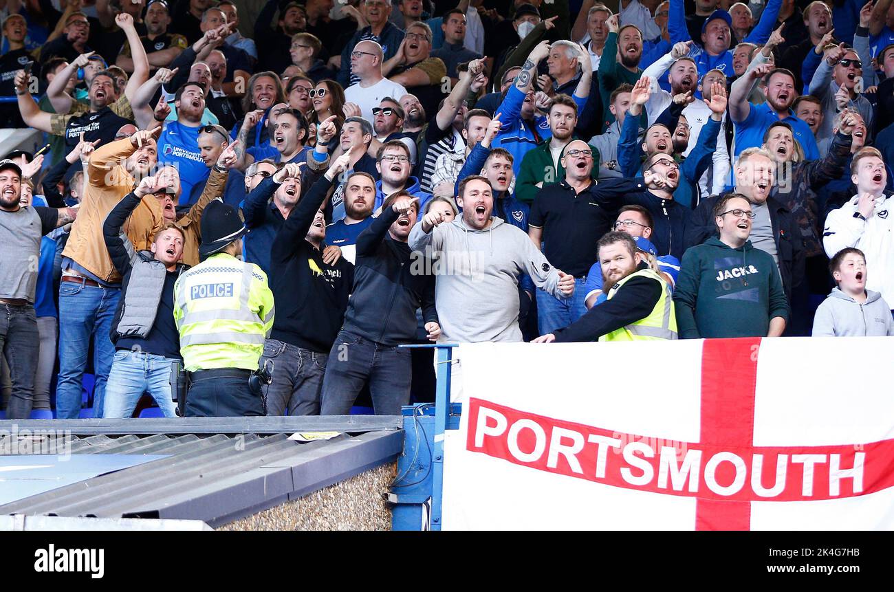 Ipswich, UK. 01st Oct, 2022. Portsmouth fans celebrate getting back on level terms during the Sky Bet League One match between Ipswich Town and Portsmouth at Portman Road on October 1st 2022 in Ipswich, England. (Photo by Mick Kearns/phcimages.com) Credit: PHC Images/Alamy Live News Stock Photo