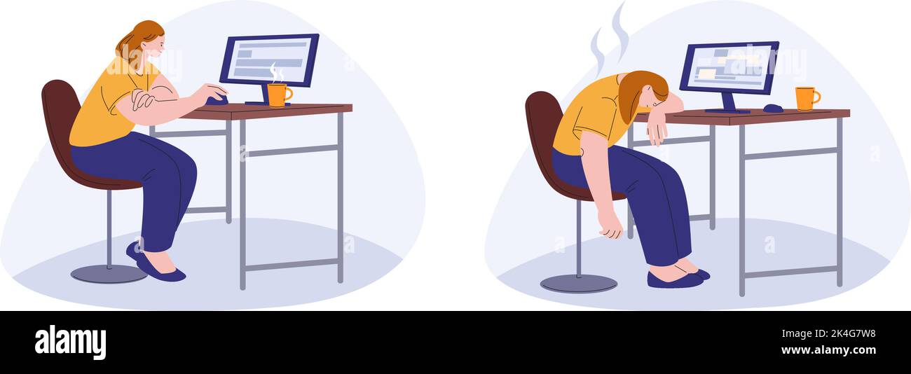 Burnout office worker. Active and tired entrepreneur at work. Sick or sad woman, working stress frustration. Mental health and deadline kicky vector c Stock Vector