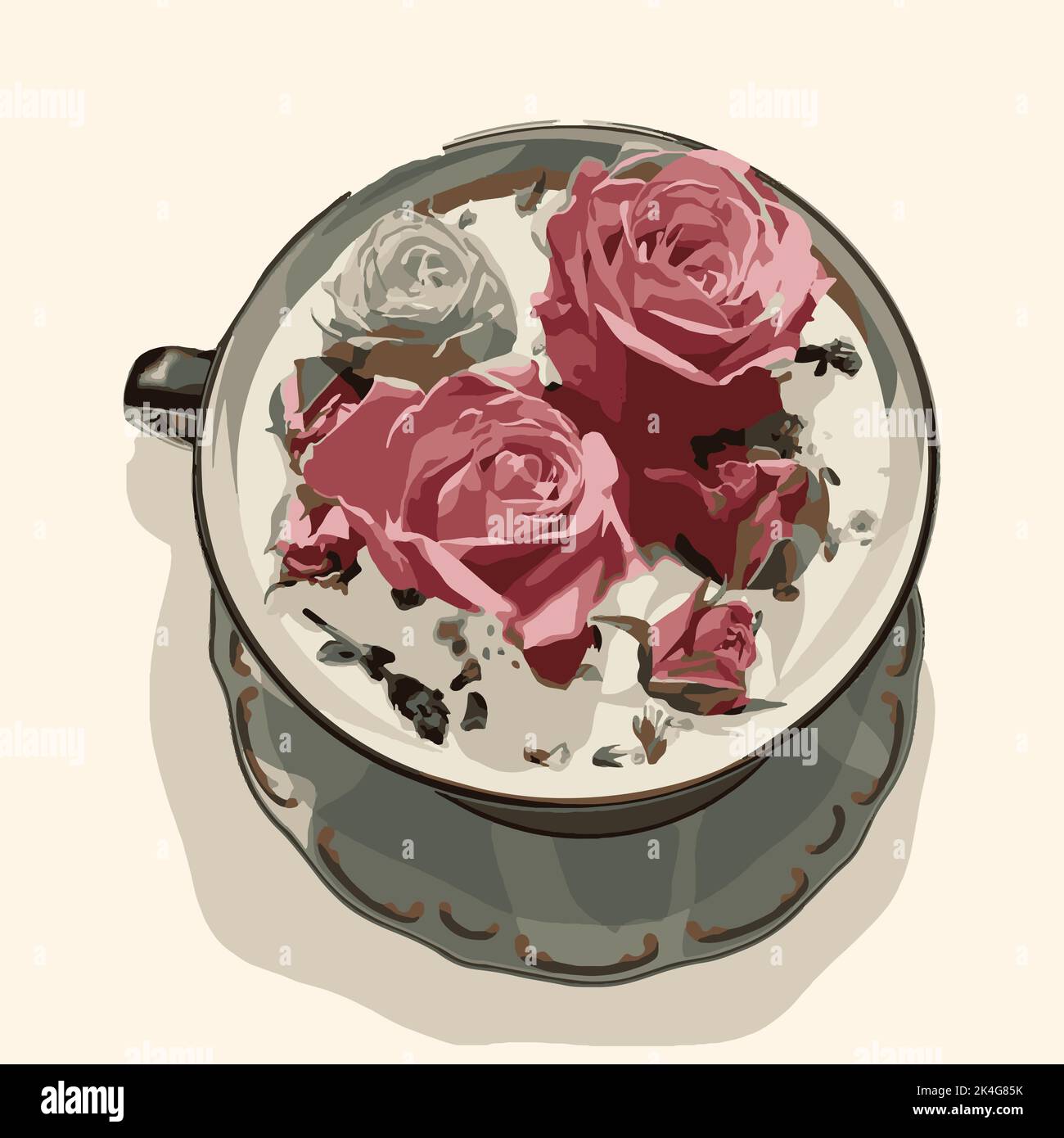 Cup with roses on a saucer. Vector fashion illustration Stock Vector