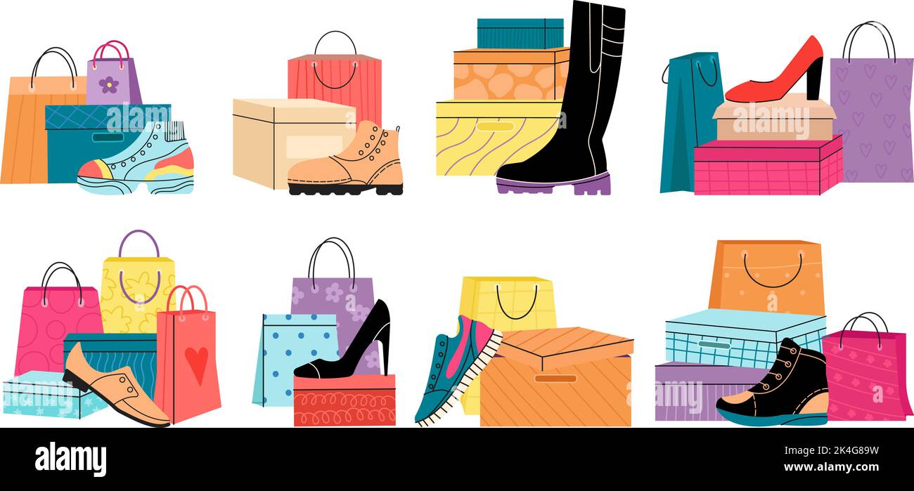 Shoes shopping boxes, sneakers and female shoe. Fashion store craft paper package, colorful different shopping bags. Decent boots and gumshoes vector Stock Vector
