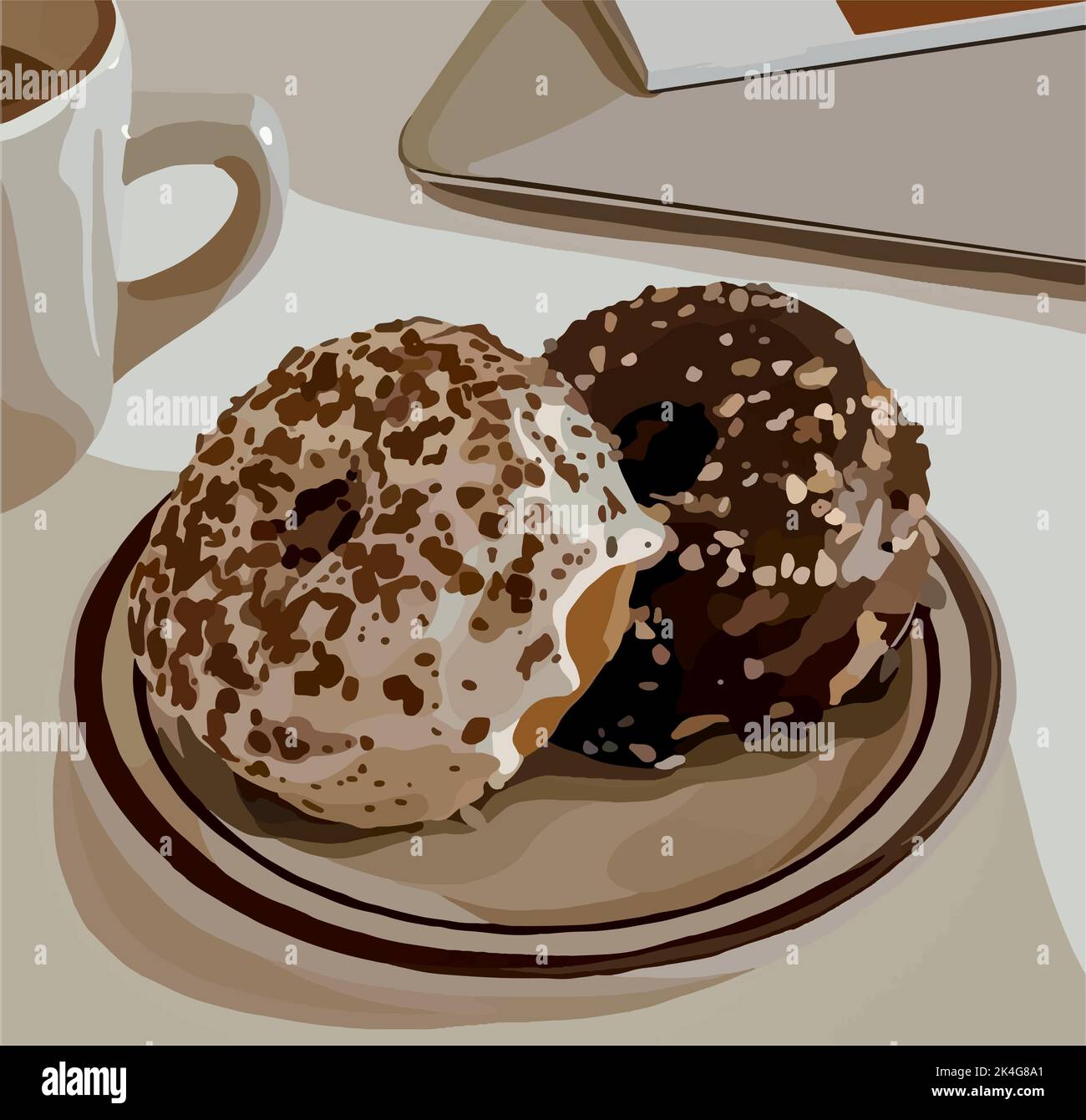 Delicious chocolate donuts on a plate. Vector fashion illustration Stock Vector