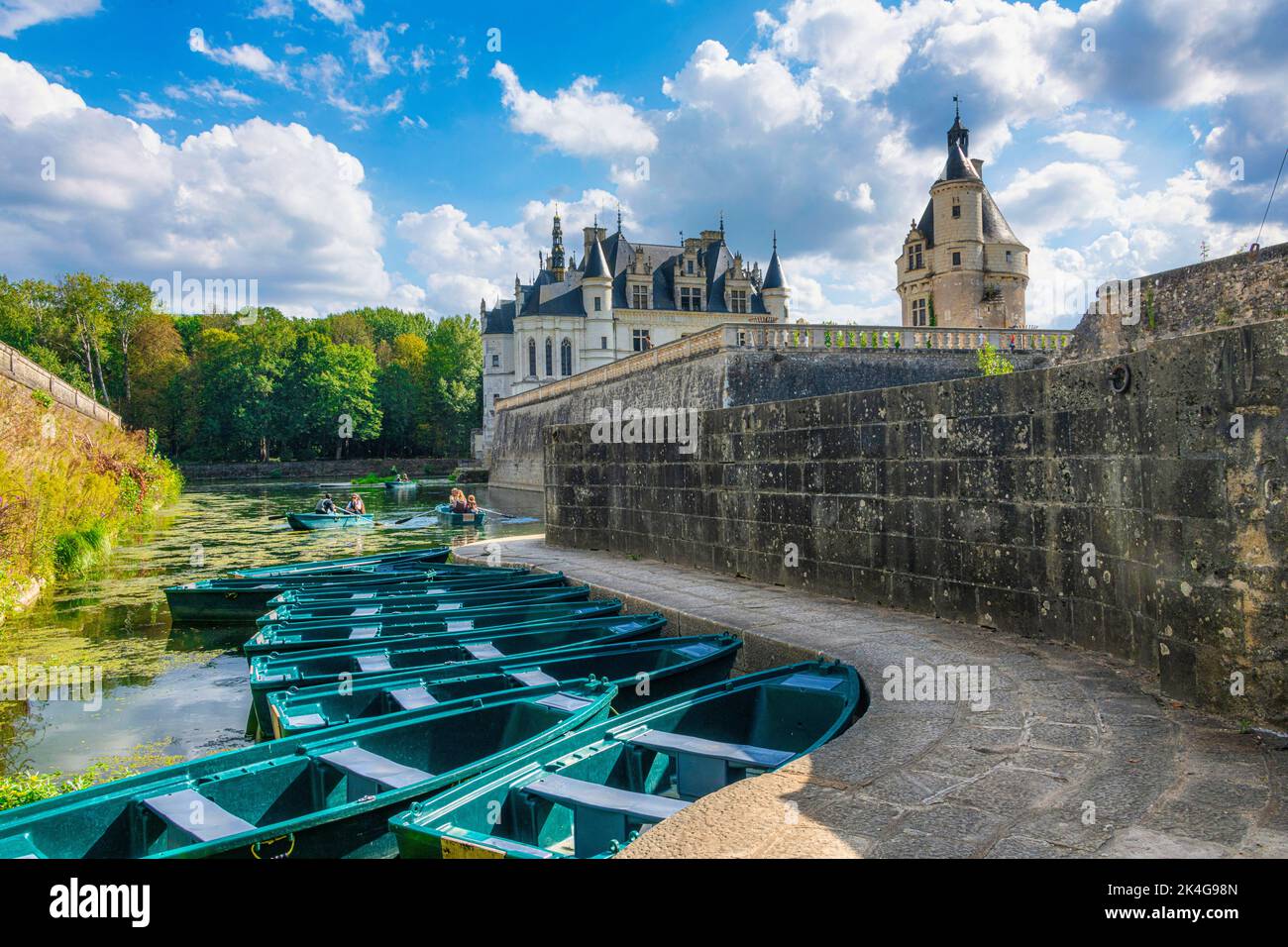 The Chateau de Chenonceau is a castle near the small village of Chenonceaux on the River Cher.  Chenonceaux, France Stock Photo