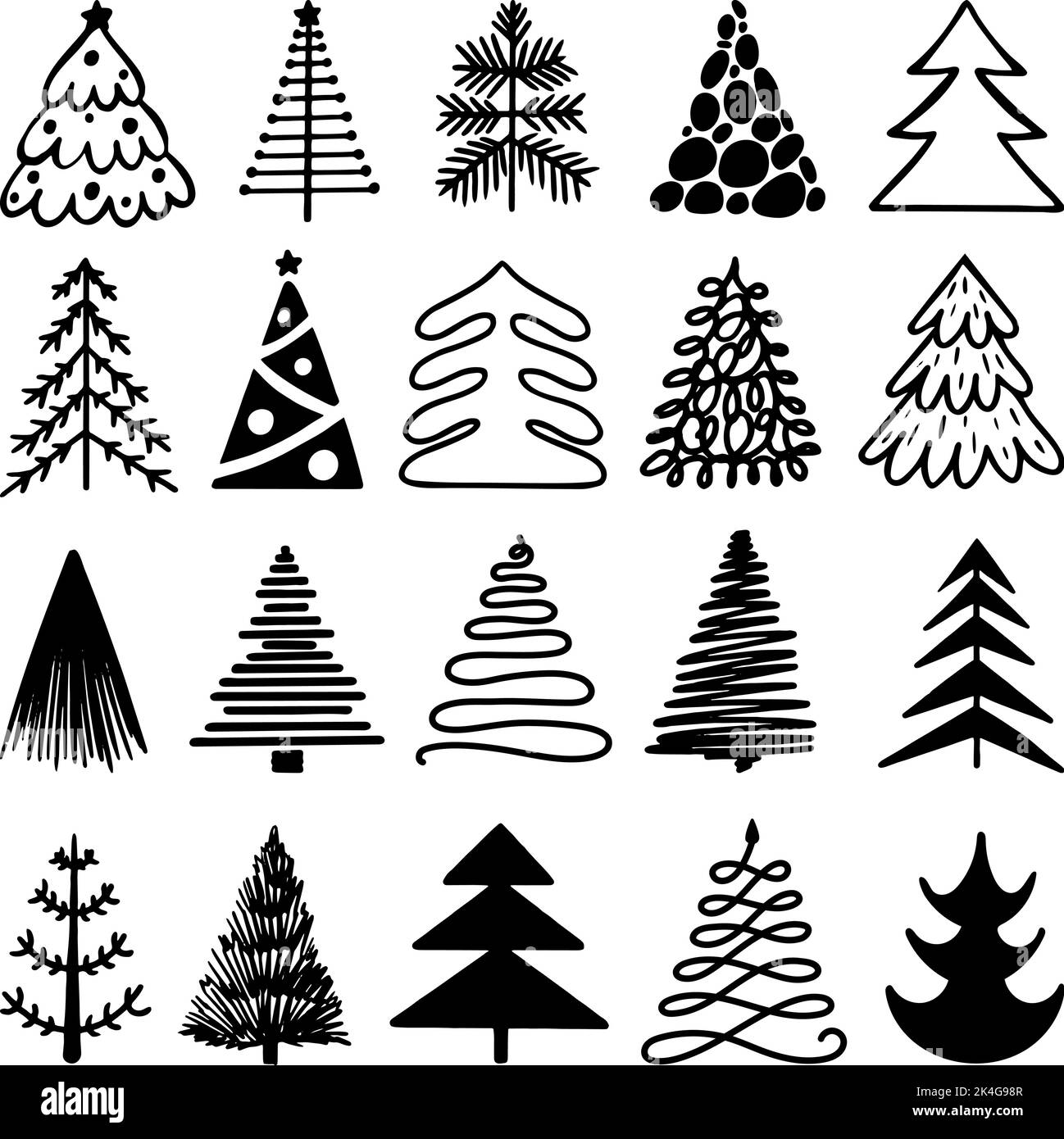 Sketch christmas tree isolated logo set. Hand drawn pencil holiday winter elements. Black fir trees draw rough paintbrush. Joy xmas neoteric vector ic Stock Vector
